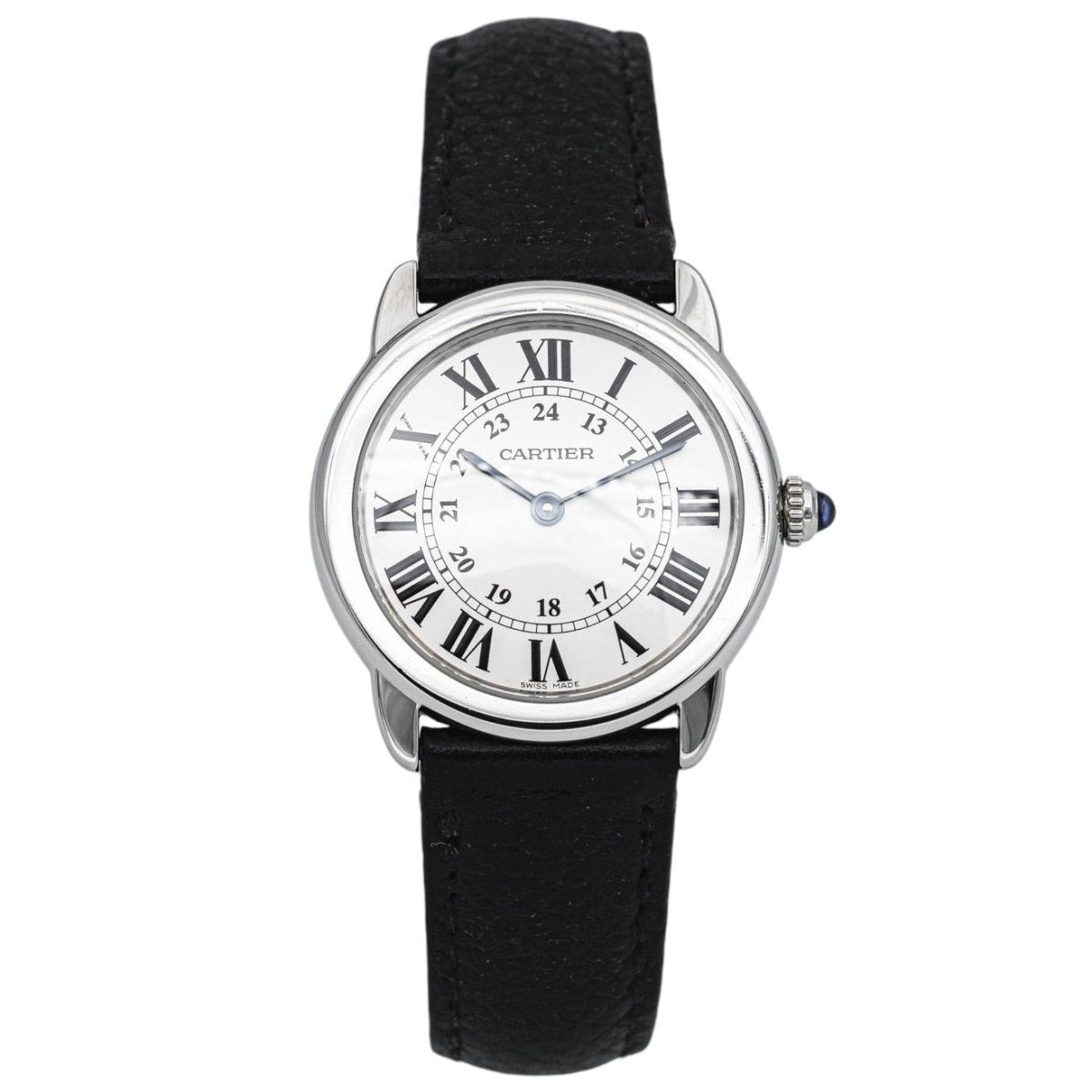Montre CARTIER "Ronde Solo" en acier, argent, spinelle et cuir - Castafiore
