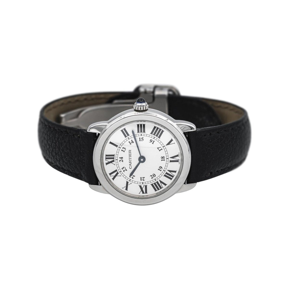 Montre CARTIER "Ronde Solo" en acier, argent, spinelle et cuir - Castafiore