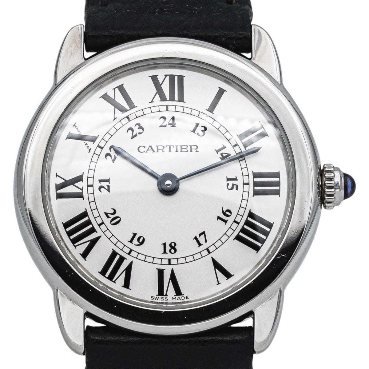 Montre CARTIER "Ronde Solo" en acier, argent, spinelle et cuir - Castafiore