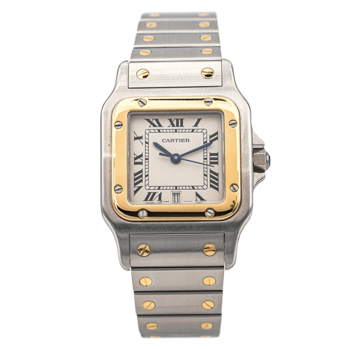 Montre Cartier "Santos" en or jaune, acier, saphir, spinelle et quartz - Castafiore