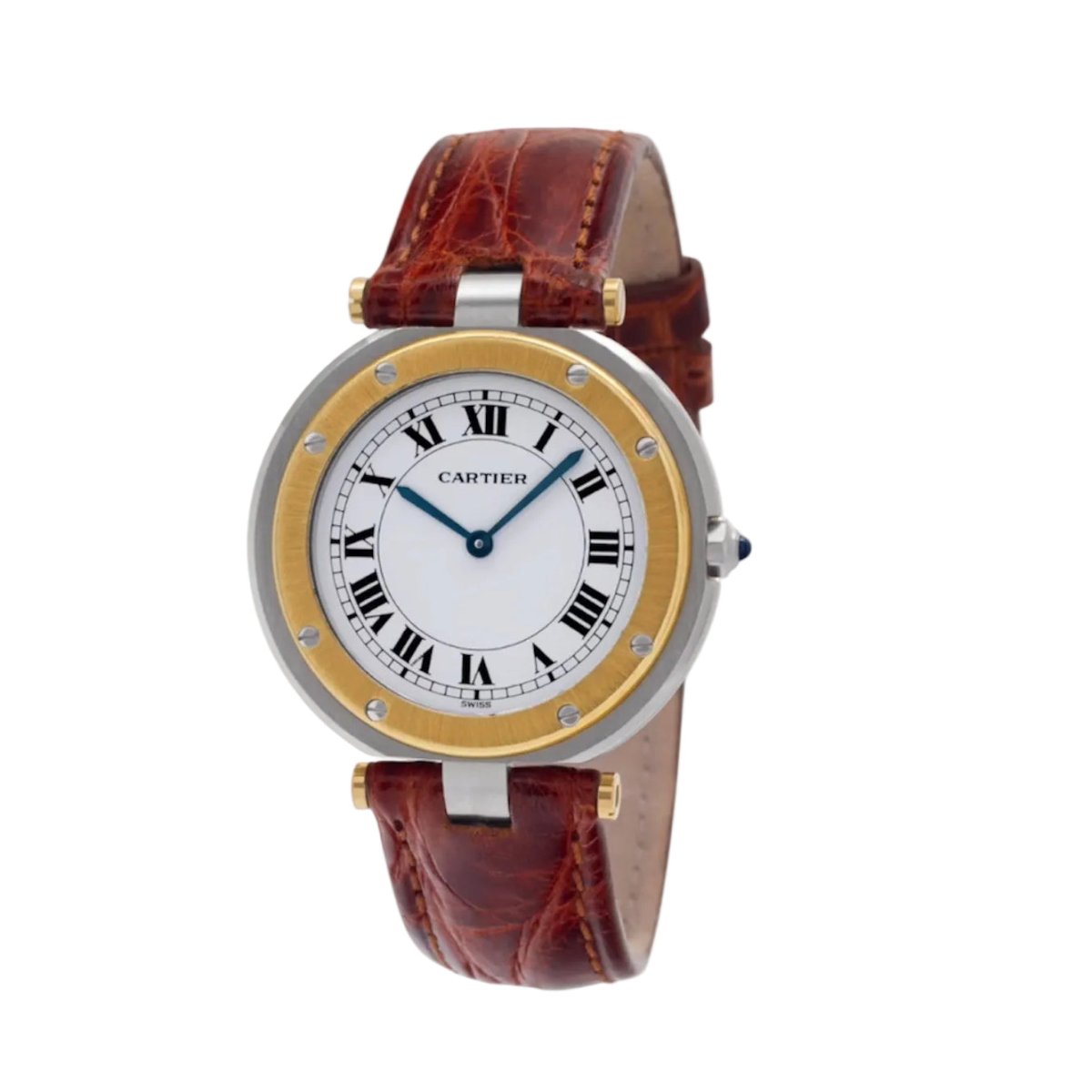Montre CARTIER "Santos Galbée" en or jaune, acier, cuir et quartz - Castafiore