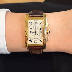 Montre CARTIER "Tank Américaine Chronoflex" en or jaune et cuir - Castafiore