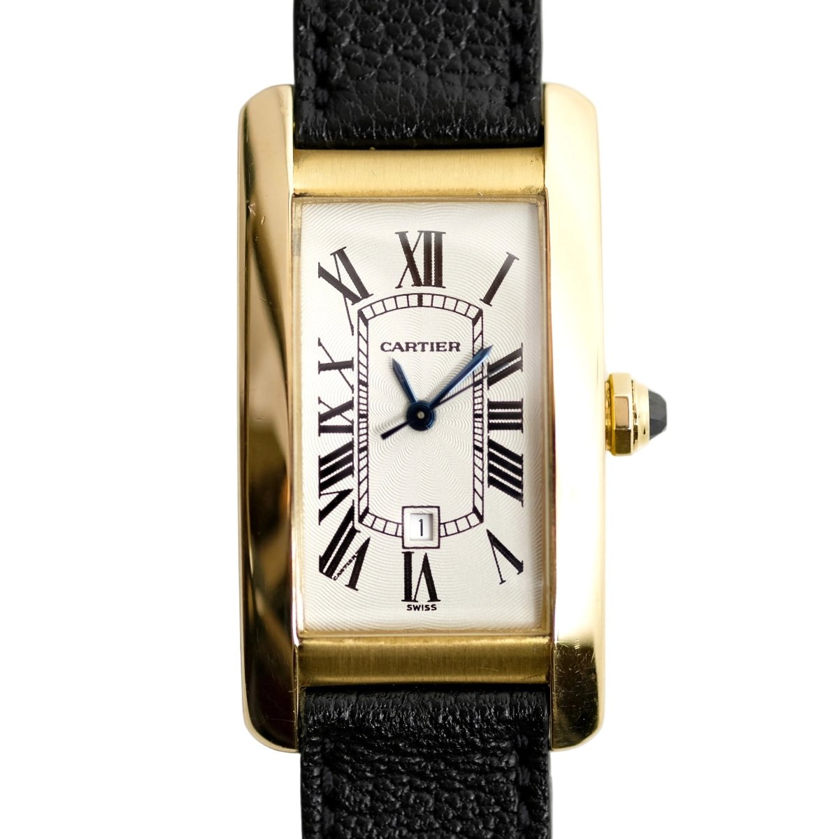 Montre CARTIER "Tank Américaine" en or jaune, cuir et saphir - Castafiore