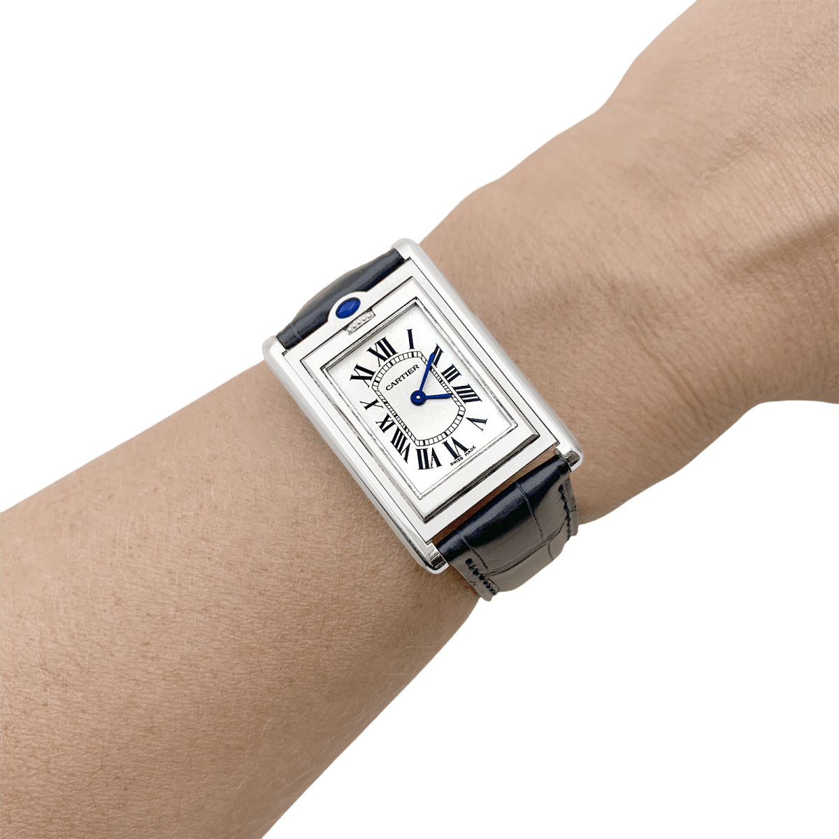 Montre CARTIER "Tank Basculante" en acier, argent et cuir - Castafiore