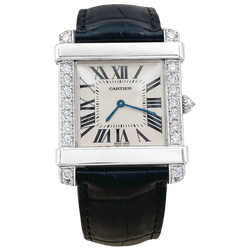 Montre CARTIER "Tank Chinoise" en or blanc, platine, cuir, acier et diamants - Castafiore