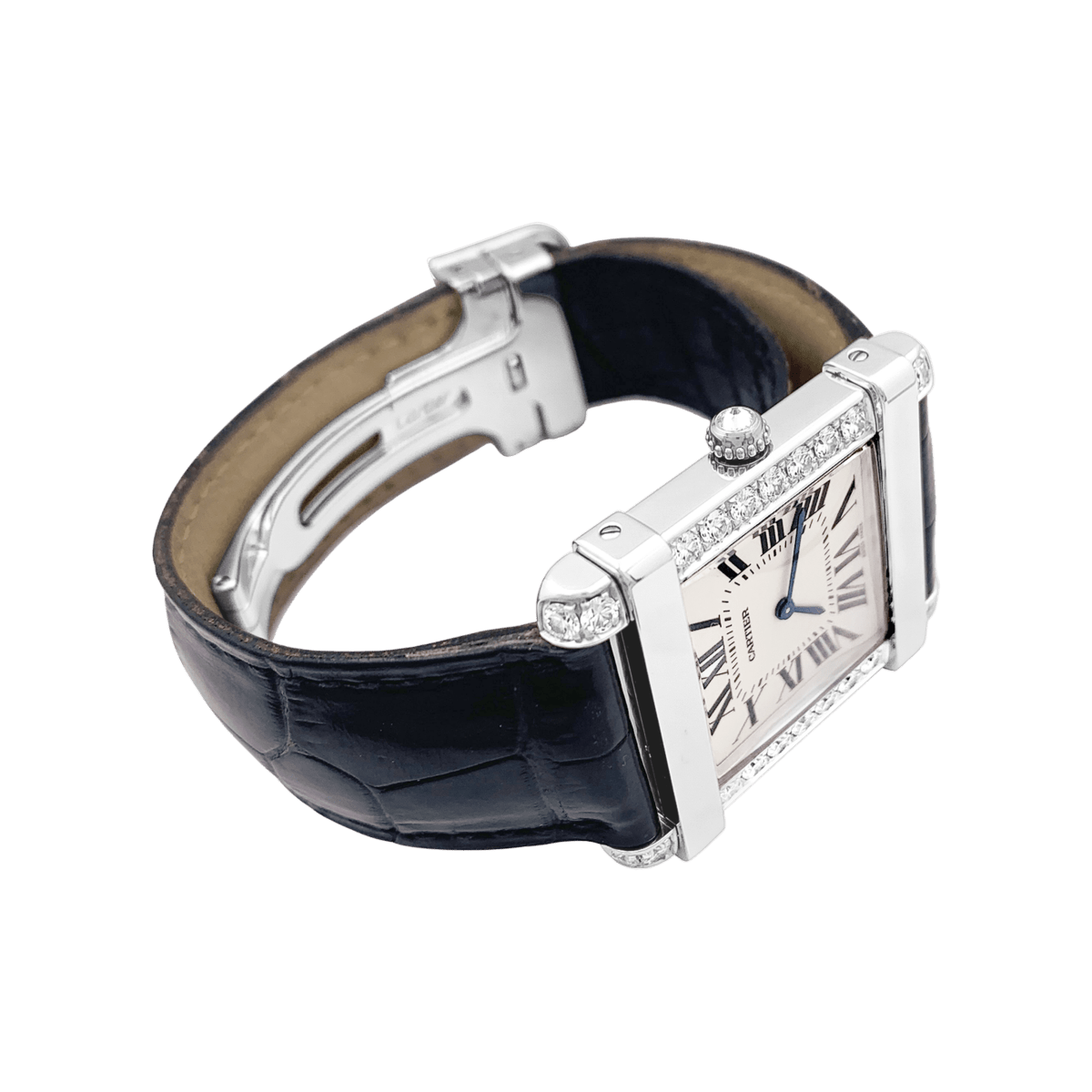 Montre CARTIER "Tank Chinoise" en or blanc, platine, cuir, acier et diamants - Castafiore