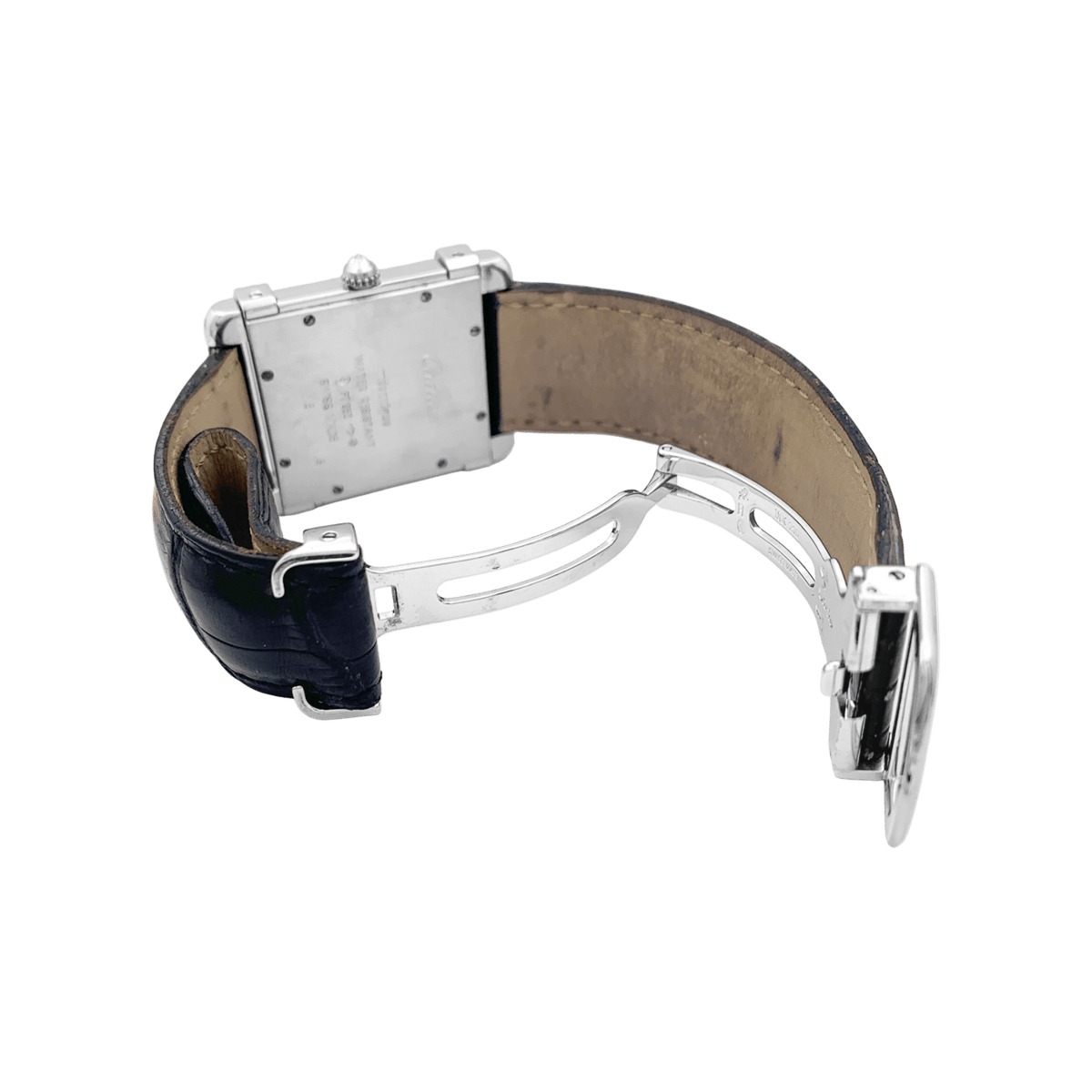 Montre CARTIER "Tank Chinoise" en or blanc, platine, cuir, acier et diamants - Castafiore