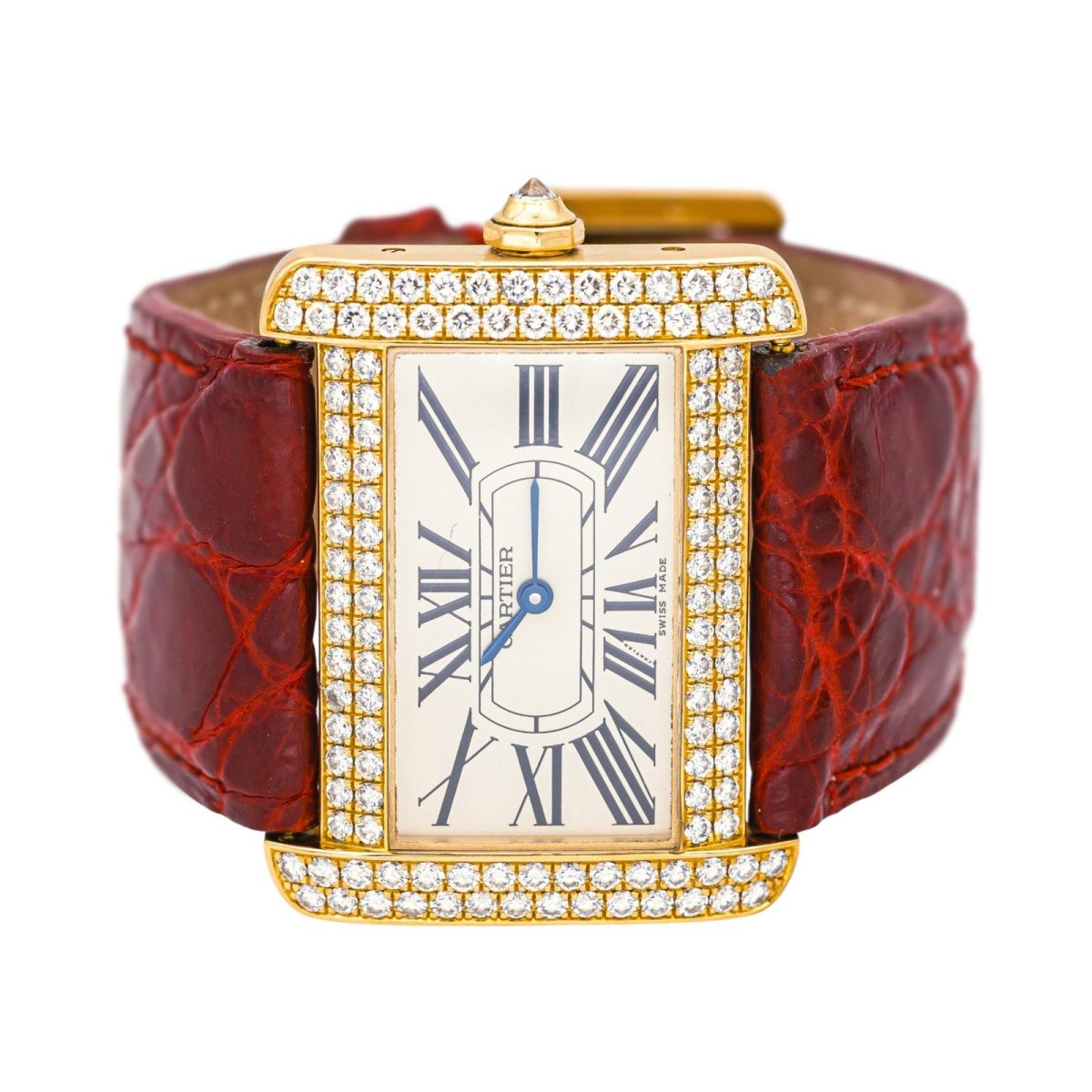 Montre CARTIER "Tank Divan" en or jaune, cuir et diamants - Castafiore