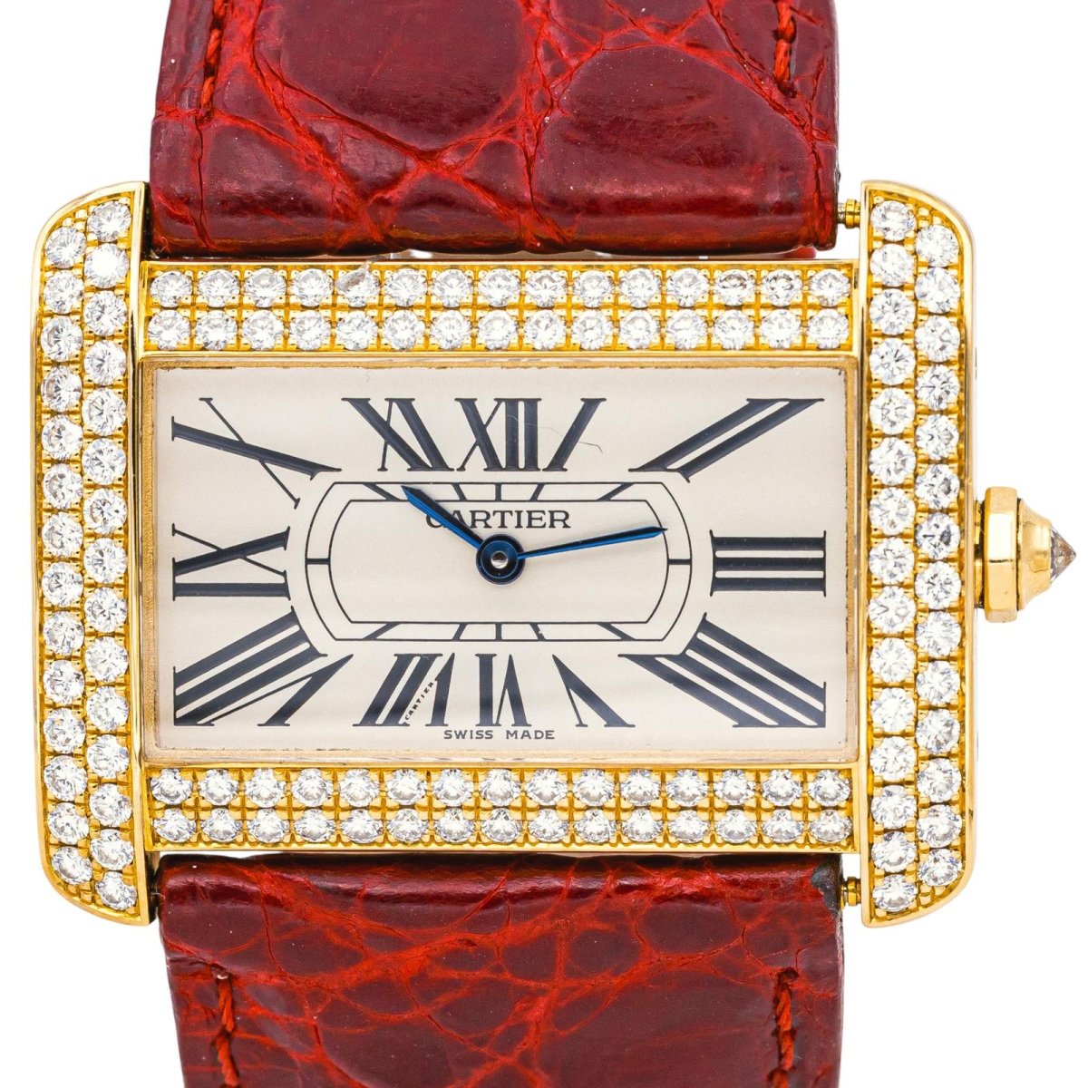 Montre CARTIER "Tank Divan" en or jaune, cuir et diamants - Castafiore