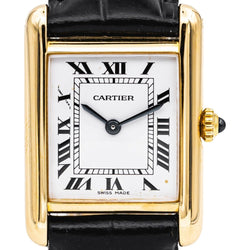Montre CARTIER "Tank" en or jaune, cuir et saphir - Castafiore
