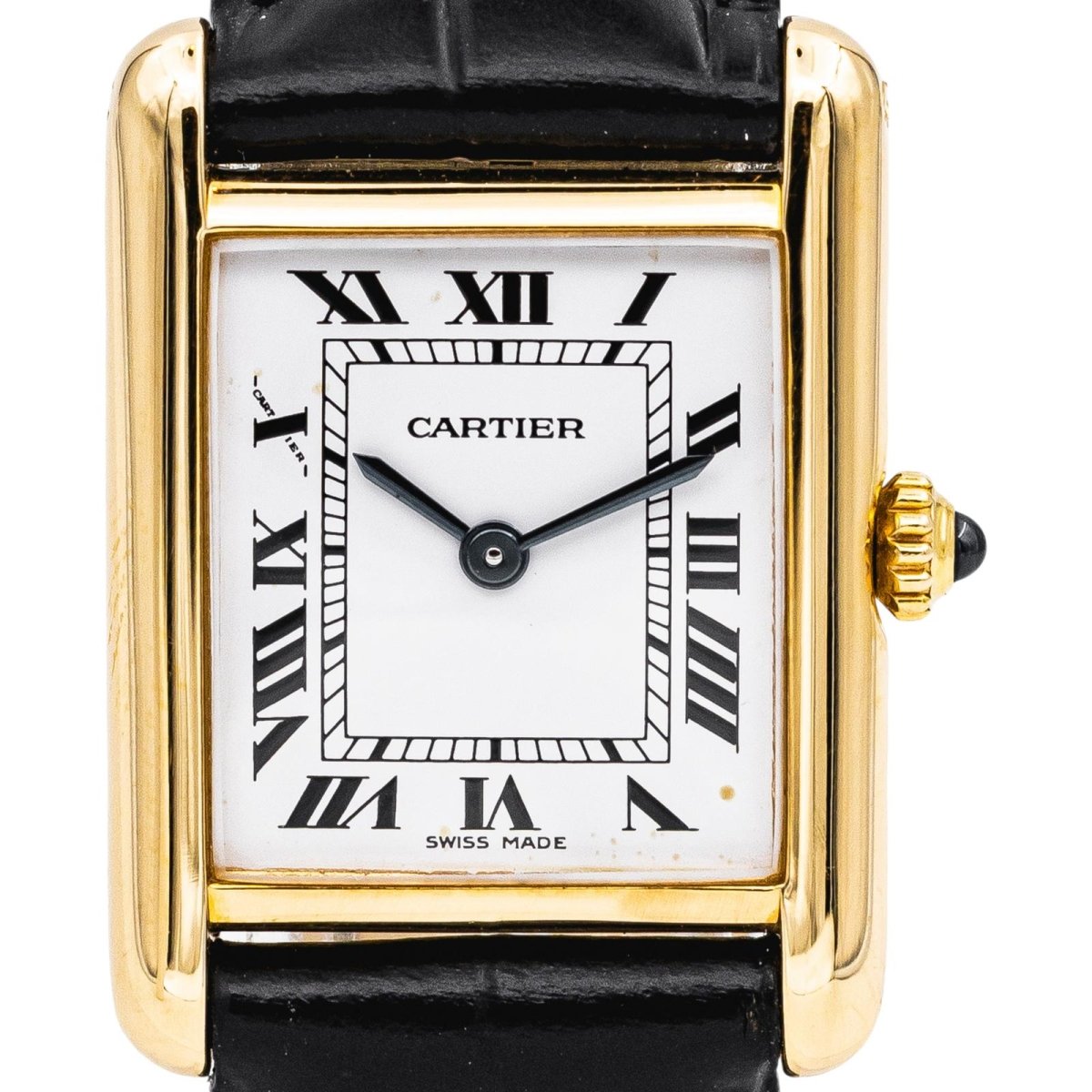 Montre CARTIER "Tank" en or jaune, cuir et saphir - Castafiore