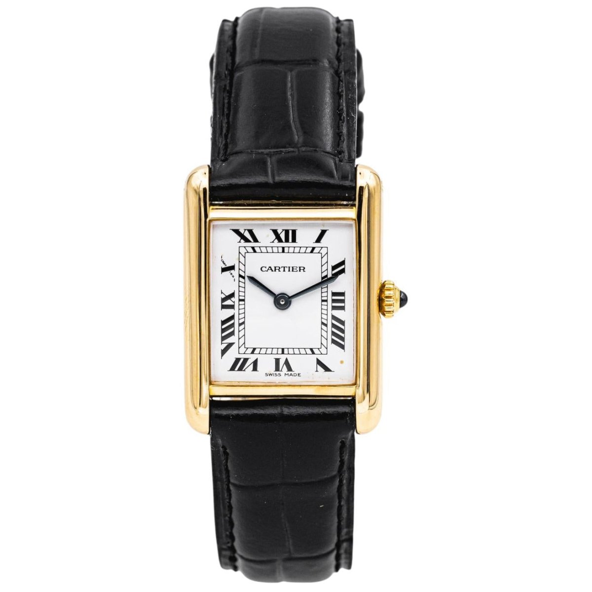 Montre CARTIER "Tank" en or jaune, cuir et saphir - Castafiore