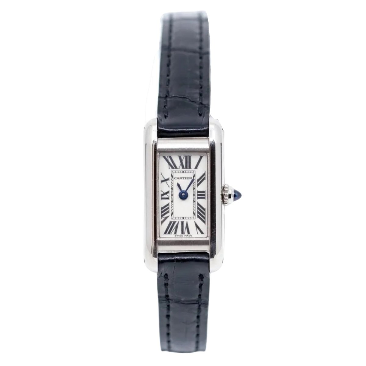 Montre CARTIER "Tank Louis Cartier" en or blanc, cuir et saphir - Castafiore