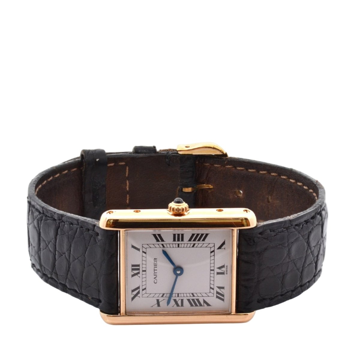 Montre CARTIER "Tank Louis Cartier" en or jaune, cuir, saphir et quartz - Castafiore