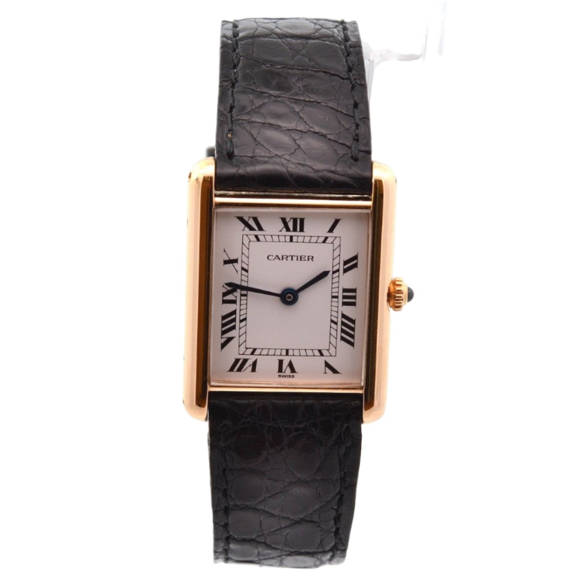 Montre CARTIER "Tank Louis Cartier" en or jaune, cuir, saphir et quartz - Castafiore