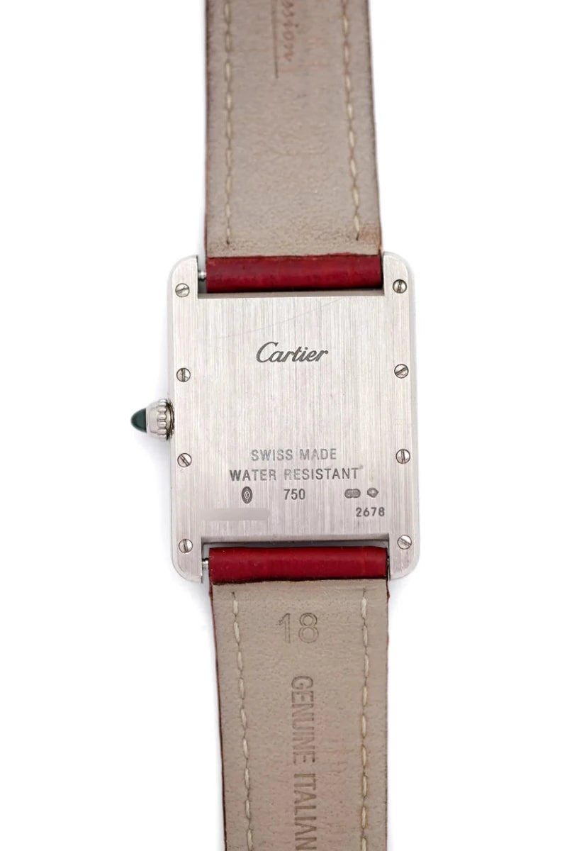Montre CARTIER "Tank Louis" en or blanc, saphir et cuir - Castafiore