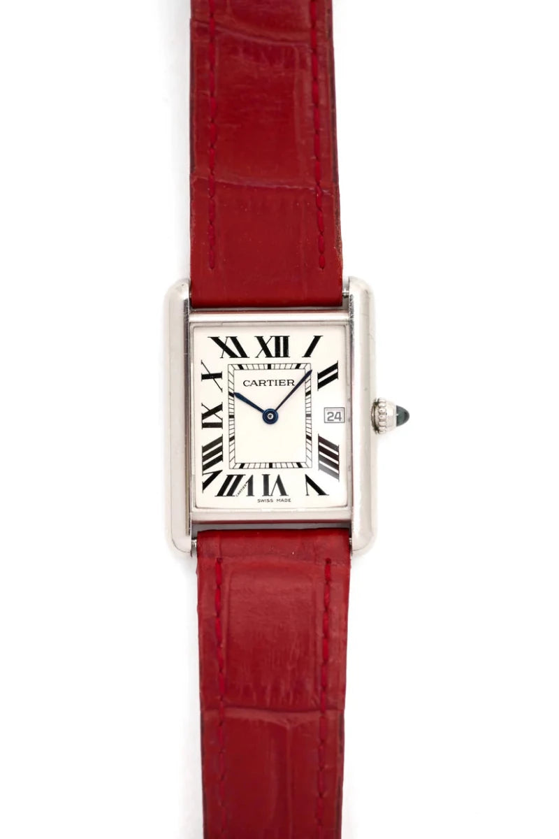 Montre CARTIER "Tank Louis" en or blanc, saphir et cuir - Castafiore