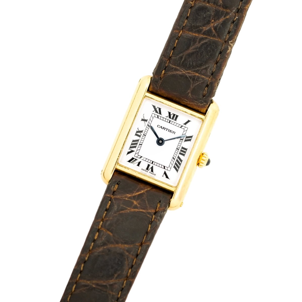 Montre CARTIER "Tank Louis" en or jaune, cuir, quartz et saphir - Castafiore