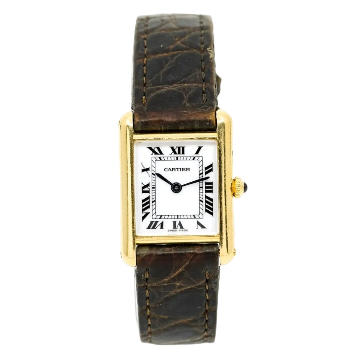 Montre CARTIER "Tank Louis" en or jaune, cuir, quartz et saphir - Castafiore