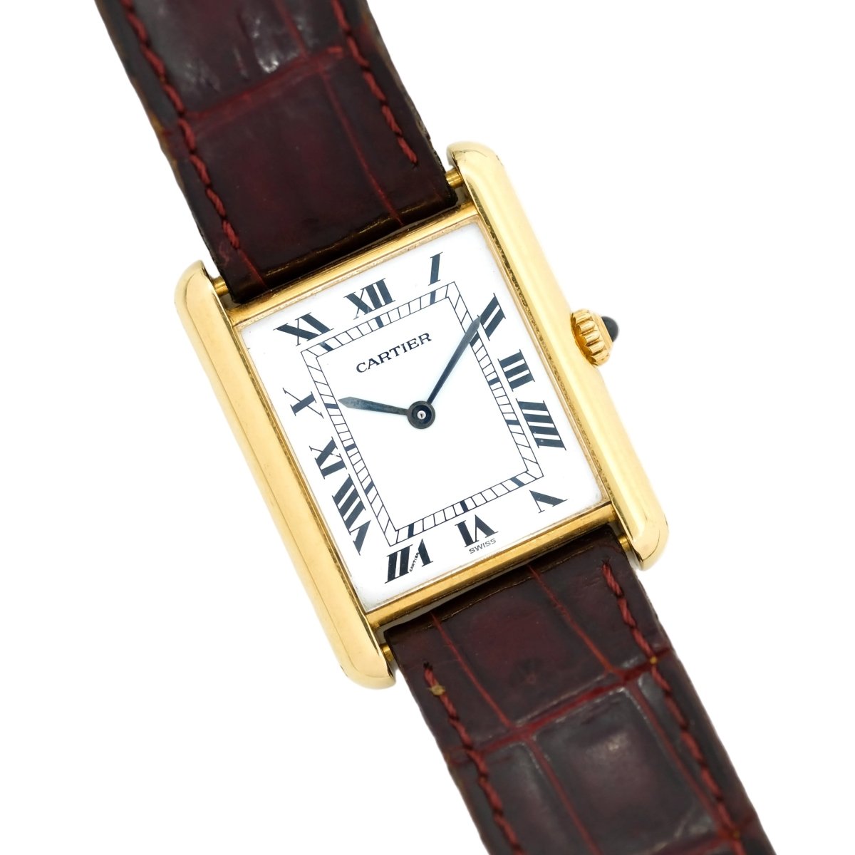 Montre CARTIER "Tank Louis" en or jaune, cuir, saphir et quartz - Castafiore