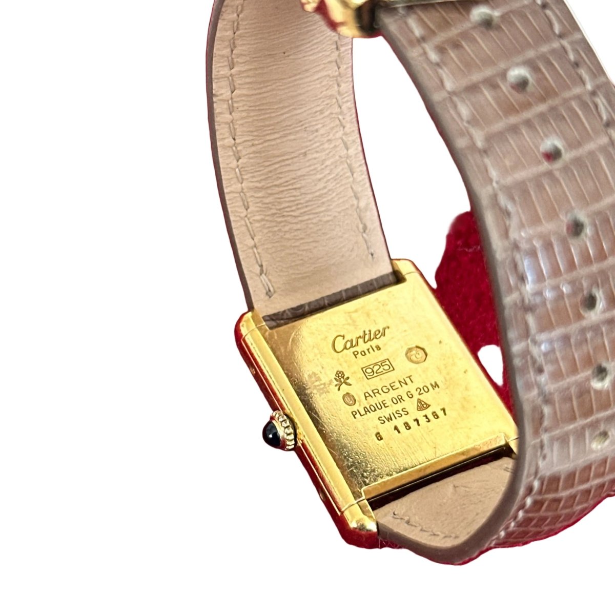 Montre CARTIER "Tank Must Burgundy" en vermeil et cuir - Castafiore