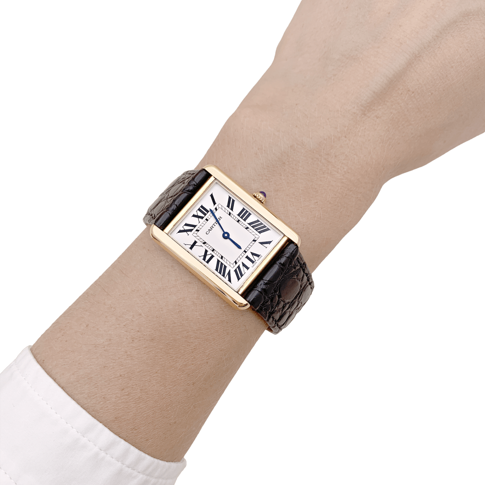 Montre CARTIER "Tank Solo" en or jaune, argent, cuir, acier et spinelle - Castafiore