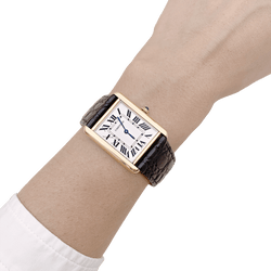 Montre CARTIER "Tank Solo" en or jaune, argent, cuir, acier et spinelle - Castafiore