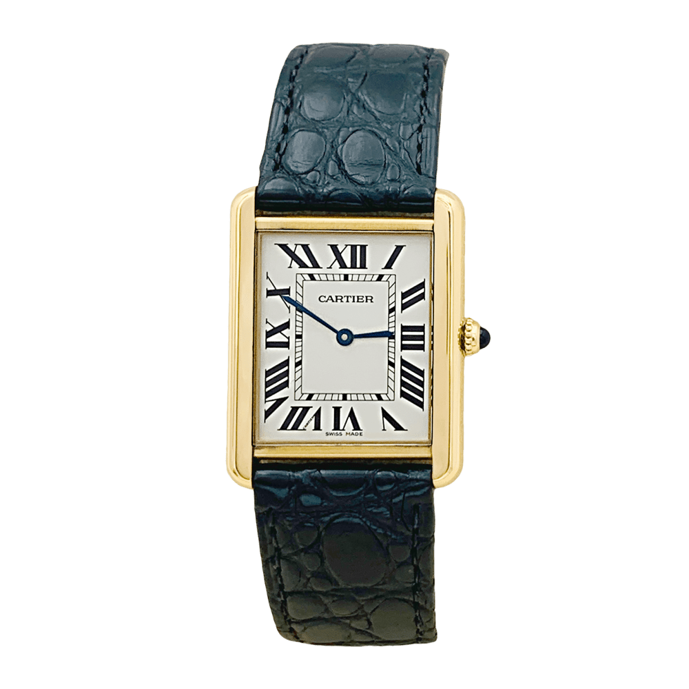 Montre CARTIER "Tank Solo" en or jaune, argent, cuir, acier et spinelle - Castafiore