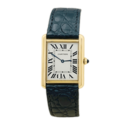 Montre CARTIER "Tank Solo" en or jaune, argent, cuir, acier et spinelle - Castafiore