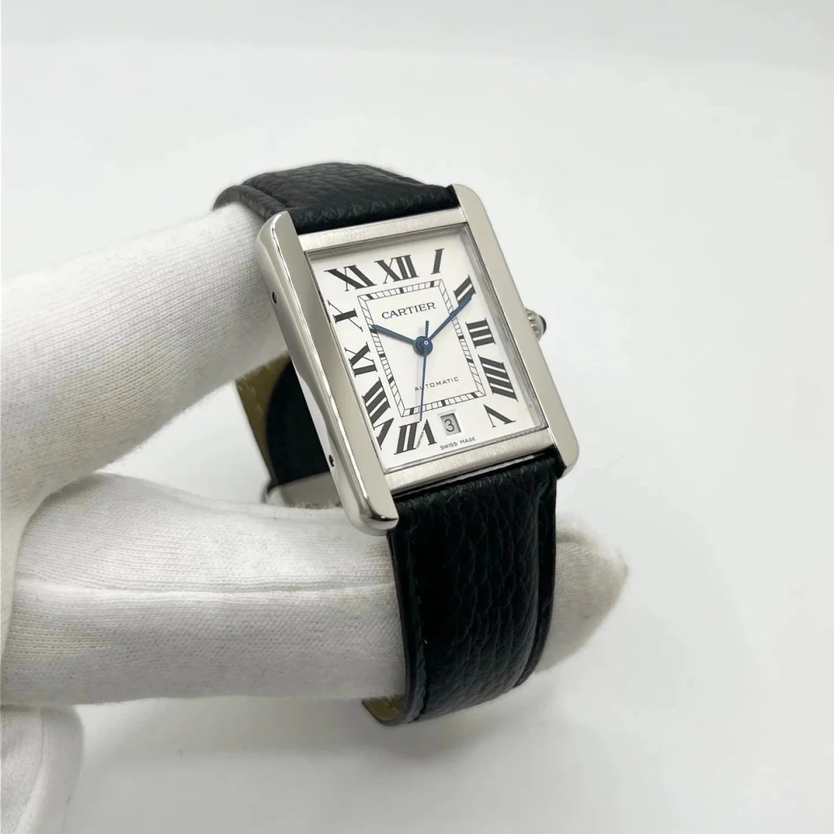 Montre CARTIER "Tank Solo XL" en acier et cuir - Castafiore