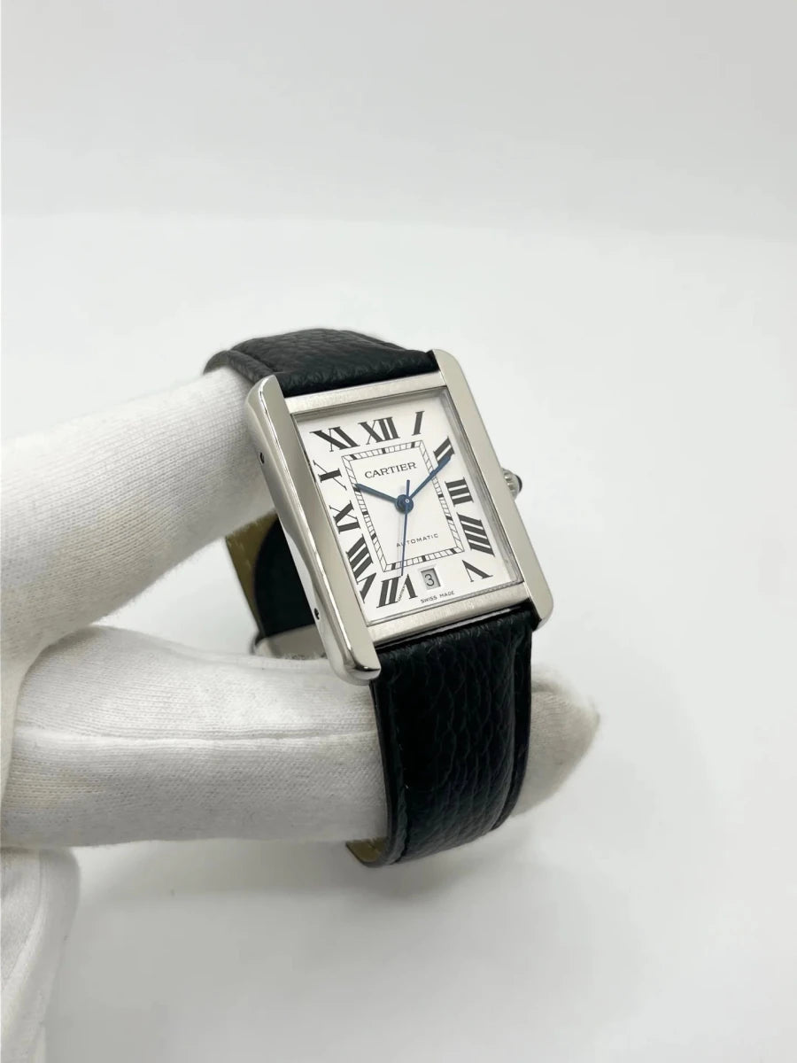 Montre CARTIER "Tank Solo XL" en acier et cuir - Castafiore