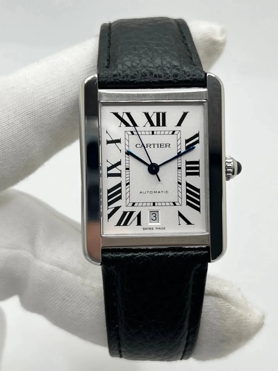 Montre CARTIER "Tank Solo XL" en acier et cuir - Castafiore