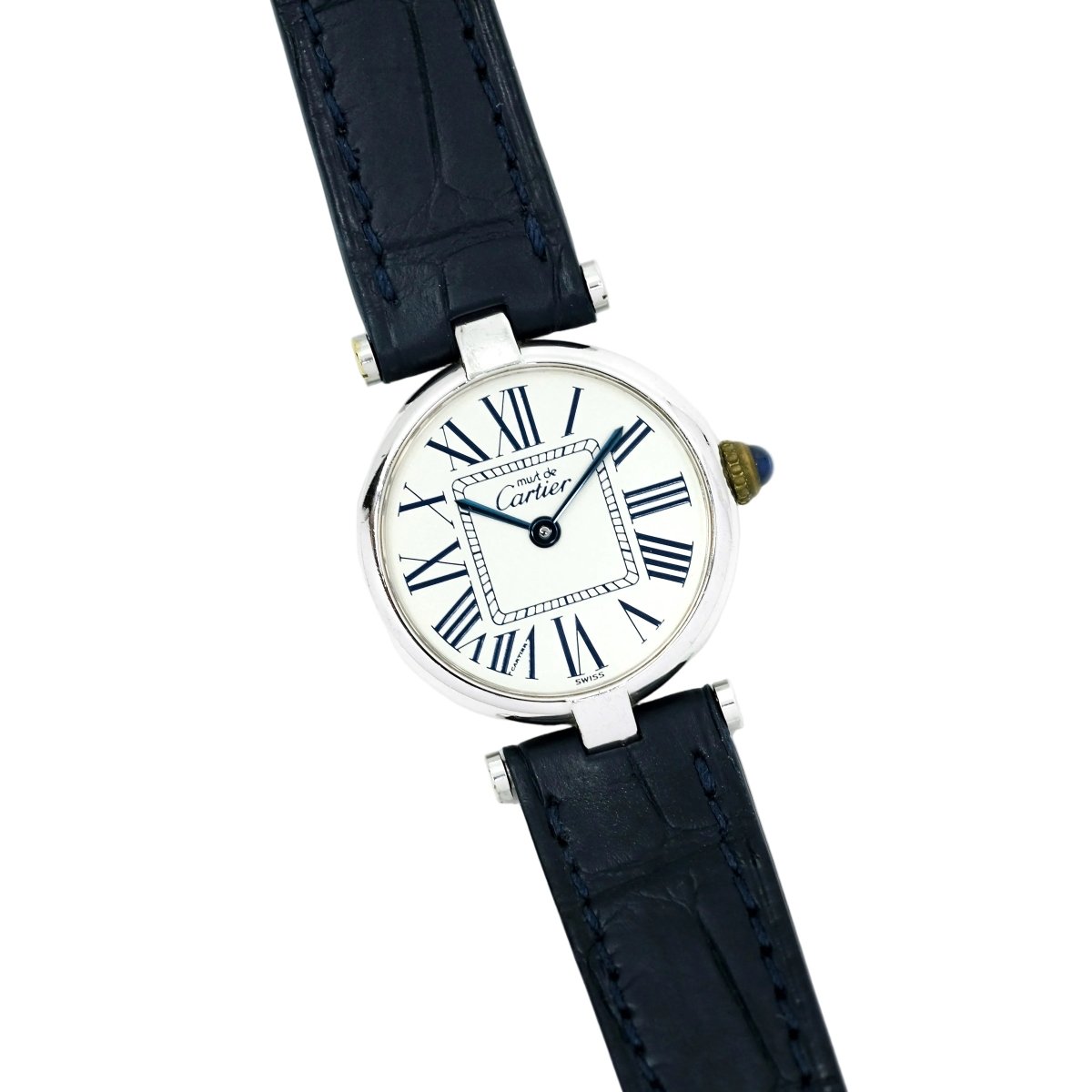 Montre CARTIER "Vendôme Must" en argent, cuir, quartz et saphir - Castafiore