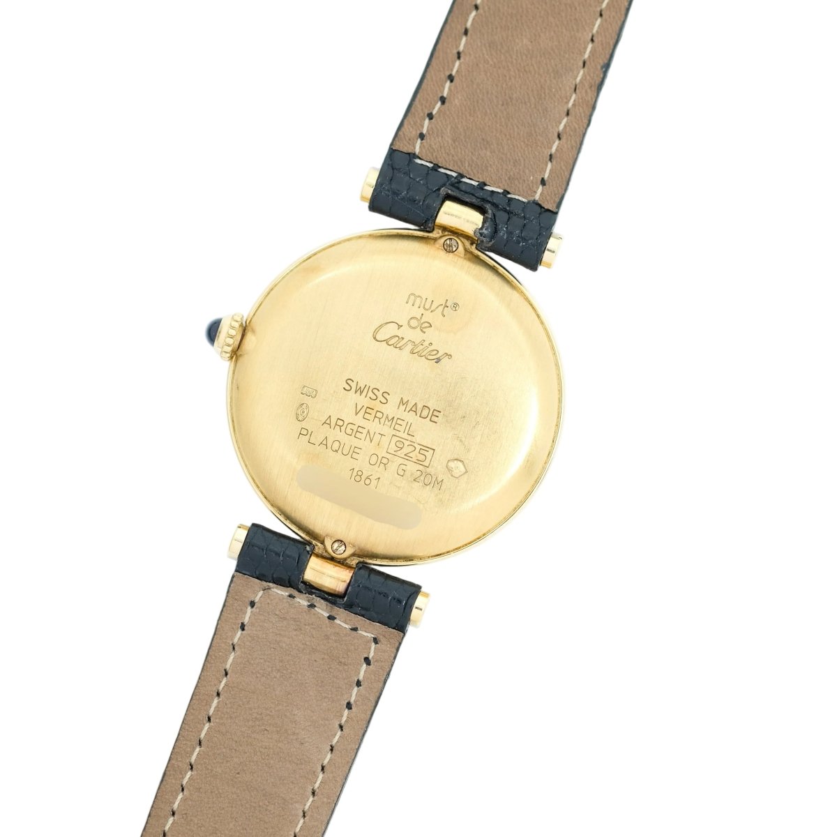 Montre CARTIER "Vendôme Must" en plaqué or, argent, cuir et saphir - Castafiore