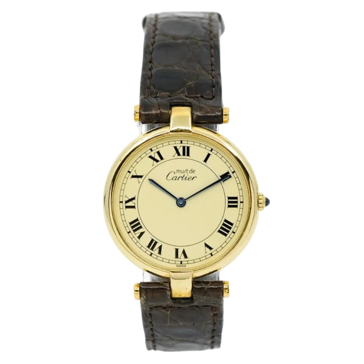 Montre CARTIER "Vendôme Must" en plaqué or, cuir et saphir - Castafiore