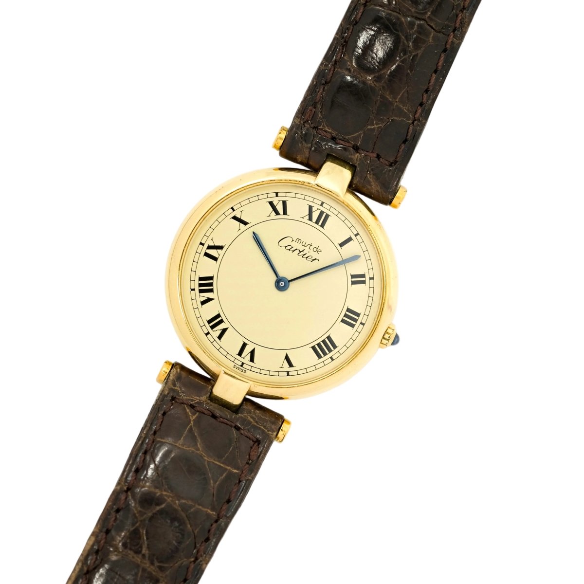 Montre CARTIER "Vendôme Must" en plaqué or, cuir et saphir - Castafiore