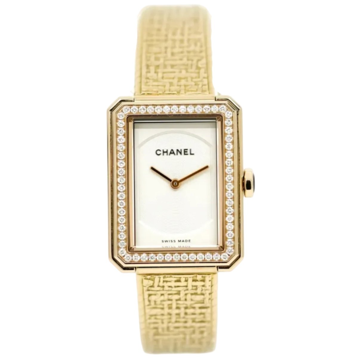 Montre CHANEL "Boy - Freid" en or beige, tweed et diamants - Castafiore
