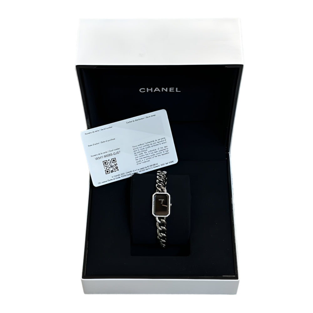 Montre Chanel Première chaine gourmette en acier et diamants. Ref H7021 de 2020. Prix neuf : 7900€. Full set - Castafiore
