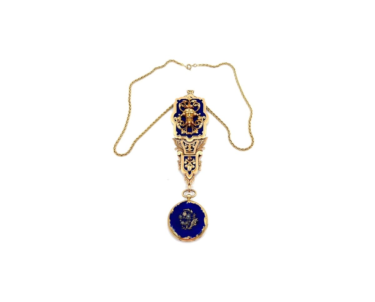 Montre "Chatelaine" en or 18K et émaillée bleue - Castafiore