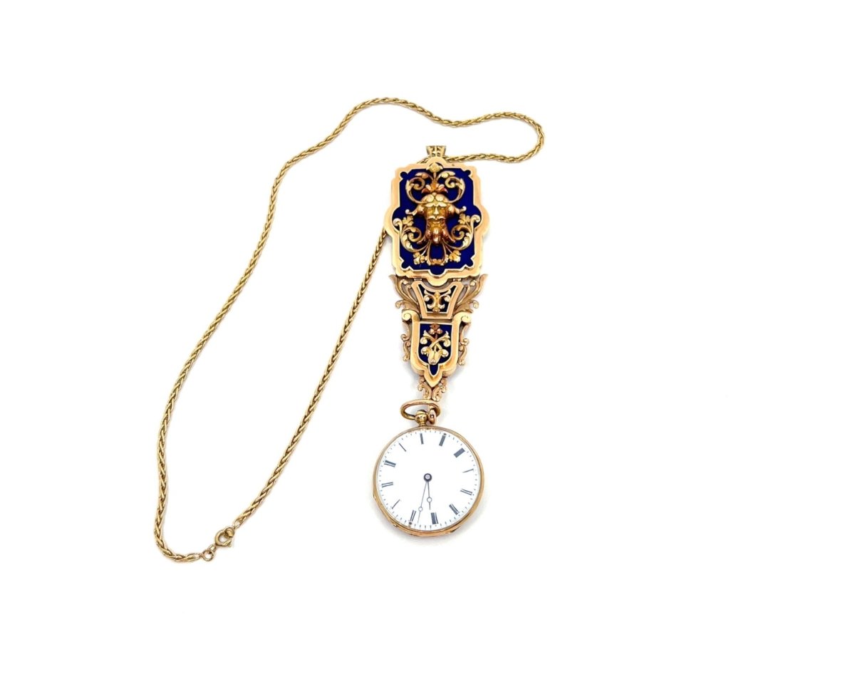 Montre "Chatelaine" en or 18K et émaillée bleue - Castafiore