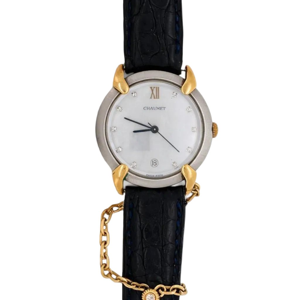 Montre CHAUMET "Elysée" GM en or jaune, acier, cuir et diamants - Castafiore