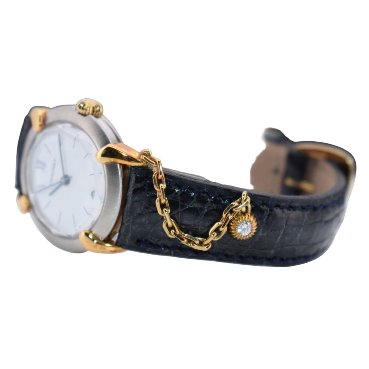 Montre CHAUMET "Élysées" en or jaune, acier, cuir, quartz et diamant - Castafiore