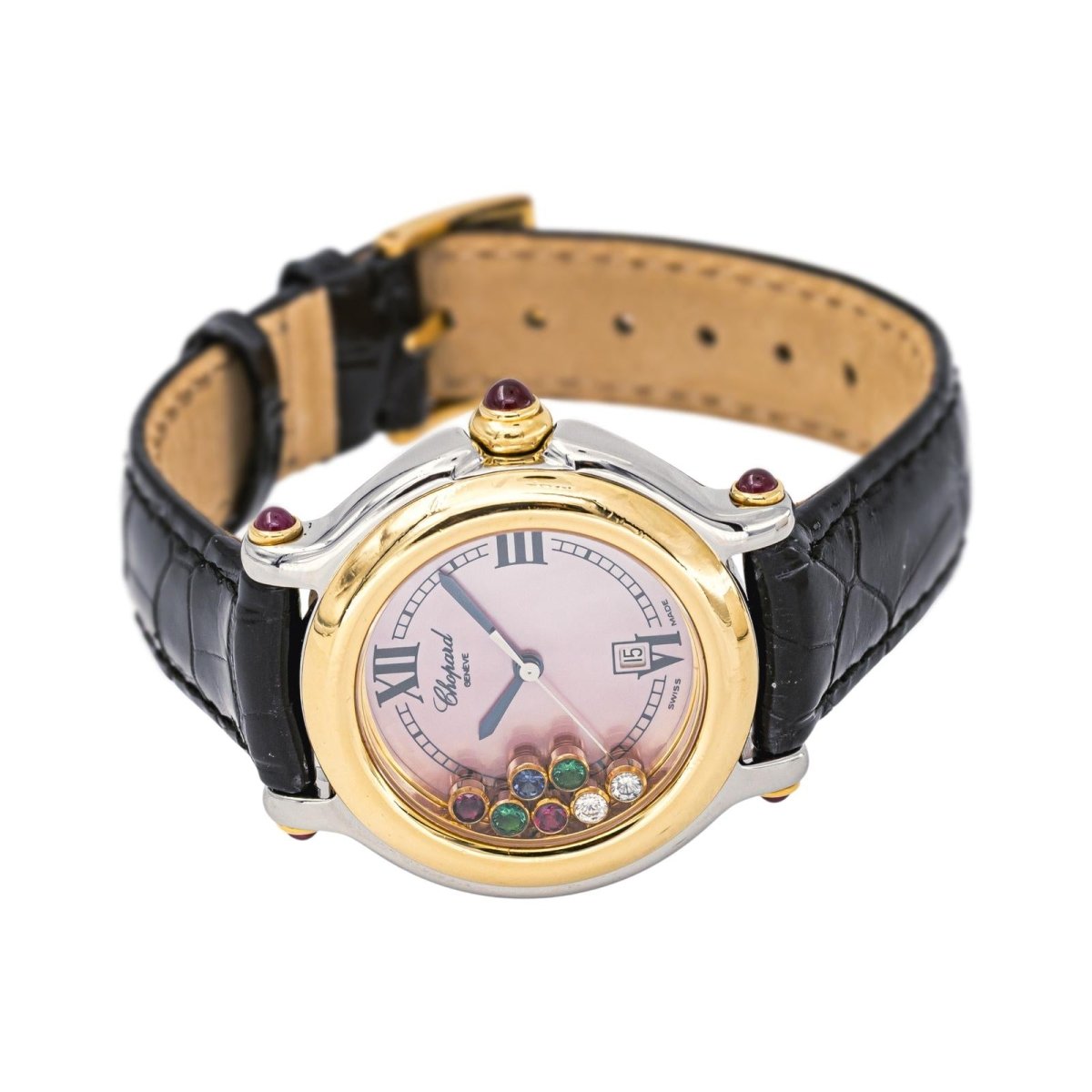 Montre CHOPARD "Happy Sport" en or jaune, acier, nacre, cuir, rubis, émeraudes, saphir et diamants - Castafiore