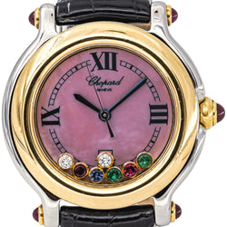 Montre CHOPARD "Happy Sport" en or jaune, acier, nacre, cuir, rubis, émeraudes, saphir et diamants - Castafiore