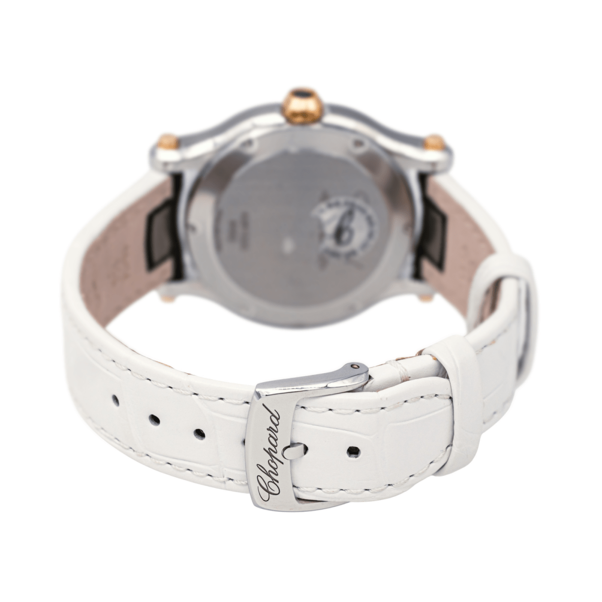 Montre CHOPARD "Happy Sport" en or rose, acier, saphir, cuir et diamants - Castafiore