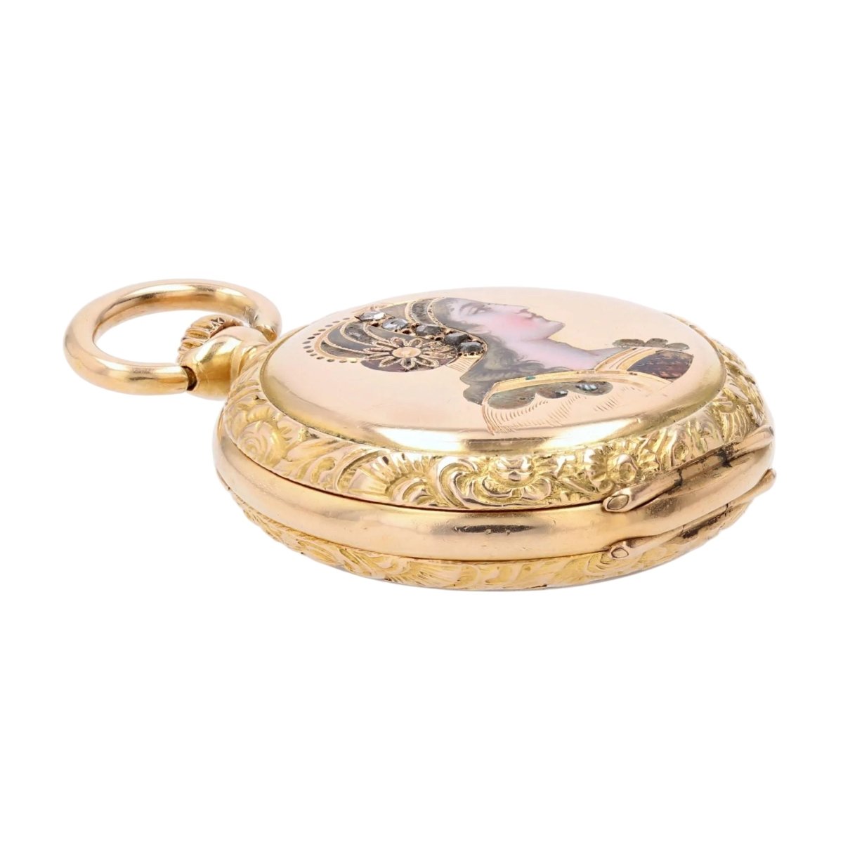 Montre de col en or jaune, émail et diamants - Castafiore
