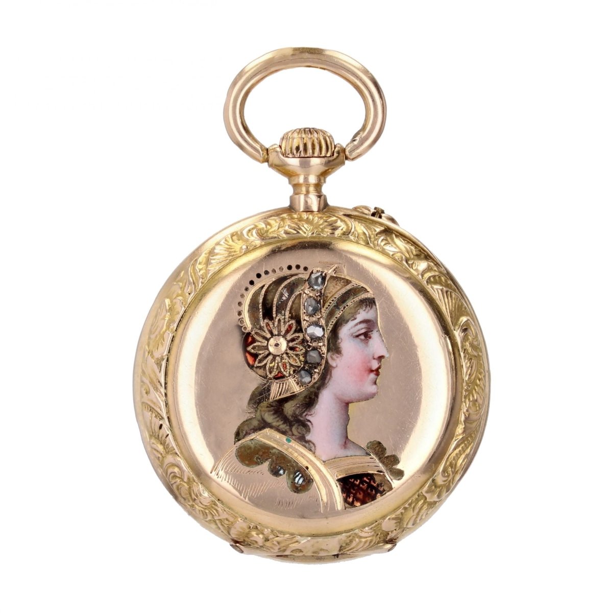 Montre de col en or jaune, émail et diamants - Castafiore