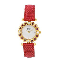 Montre FRED "Concerto" en or jaune, rubis, cuir, quartz et diamants - Castafiore