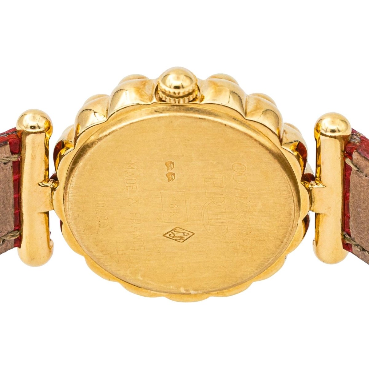 Montre FRED "Concerto" en or jaune, rubis, cuir, quartz et diamants - Castafiore
