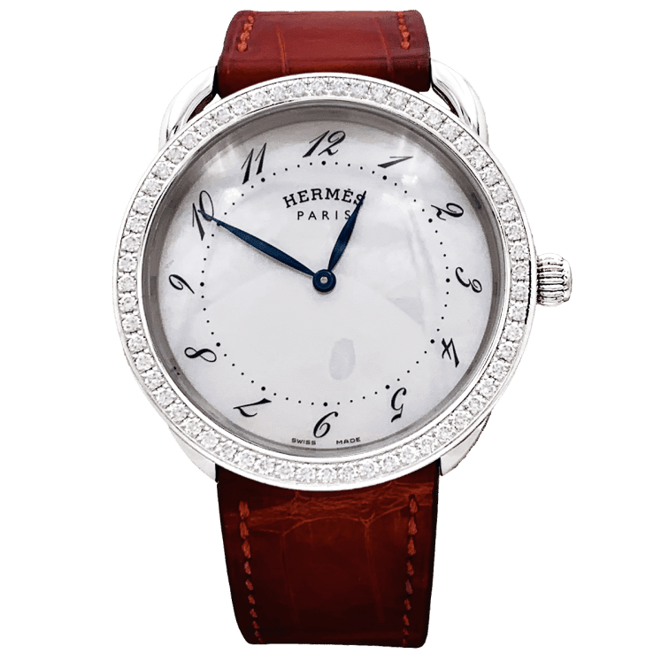 Montre HERMÈS "Arceau" en acier, cuir, nacre et diamants - Castafiore